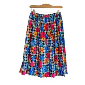 Andrea Gayle Vintage Floral Houndstooth Pleated Midi Skirt, Lightweight, Size S